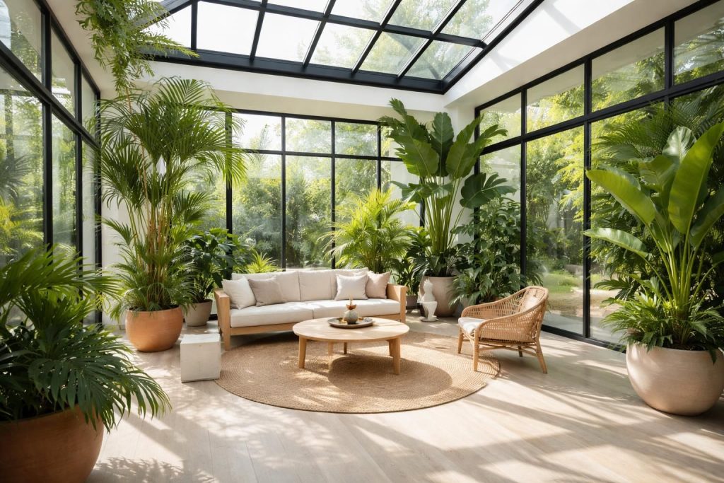 Aménager un jardin d hiver lumineux dans votre maison avec verrière sur mesure et plantes tropicales