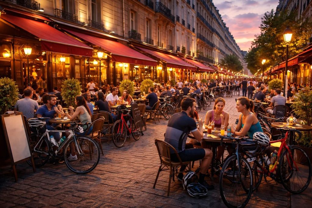 Cafés parisiens avec terrasses accueillant les cyclistes et sportifs urbains après leurs sorties