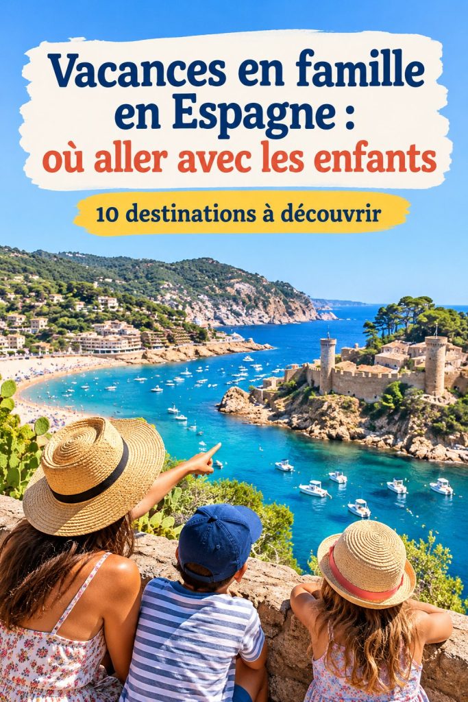 Une famille heureuse profitant de vacances en Espagne, avec des enfants jouant sur la plage.