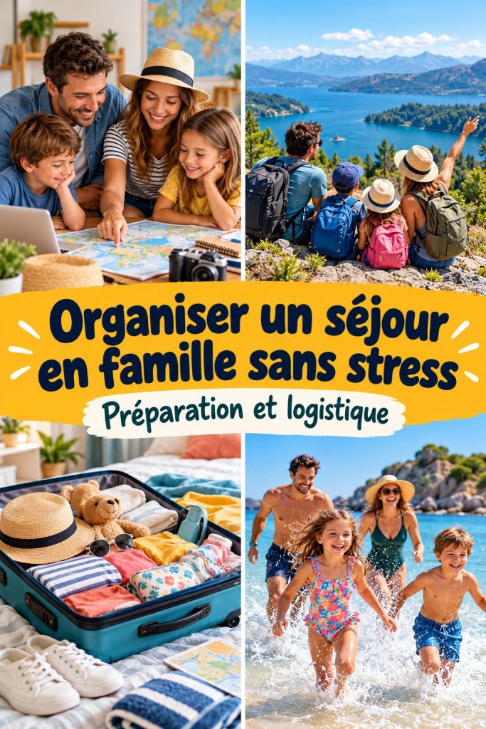 Famille heureuse préparant un voyage ensemble avec des cartes et bagages.