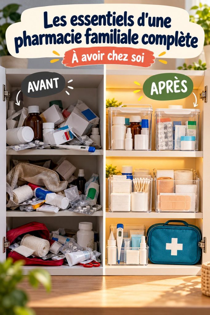 Pharmacie familiale complète pour les voyages avec divers médicaments et soins.