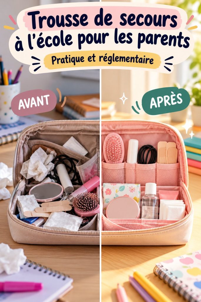 Trousse de secours bien équipée pour l'école avec médicaments et bandages.