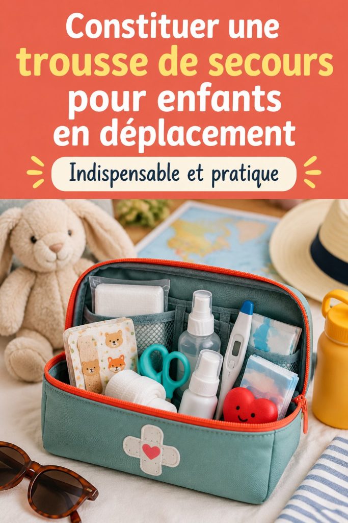 Trousse de secours pour enfants prête pour un voyage, avec des médicaments et des fournitures médicales.